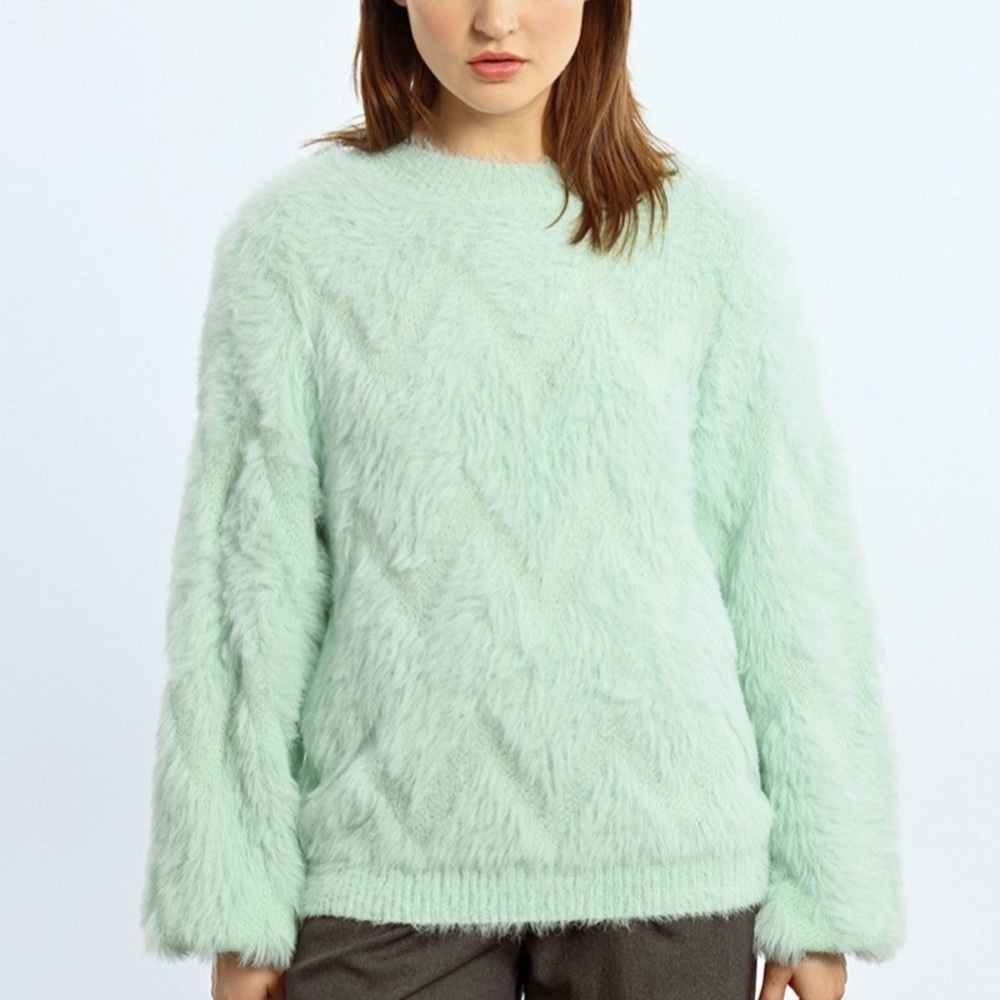 Lili Sidonio Mint Green Textured Zig-Zag Pattern Fuzzy Sweater NWT Size Small